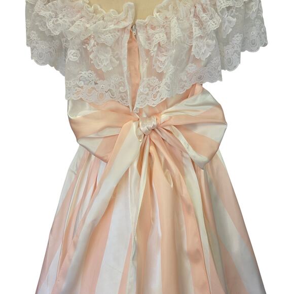 Gunne Sax Pink White Stripe Princess Dress Size S 9 Lace Satin Vintage 80s - Picture 9 of 16